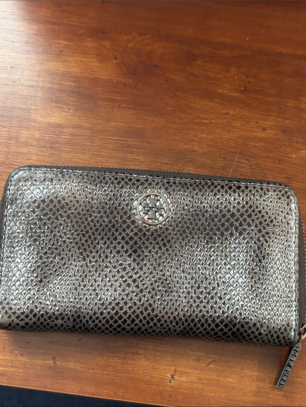 Tory Burch Metallic Snake-Embossed Zip Around Wallet - Silver